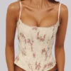 Cadie Ivory Vintage Rose Print Cotton Corset Top