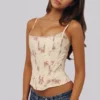 Cadie Ivory Vintage Rose Print Cotton Corset Top