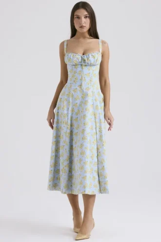Carmen Soft Blue Vintage Floral Print Cotton Bustier Sundress