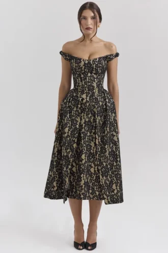 Charming Black Gold Lace Off Shoulder Midi Gown