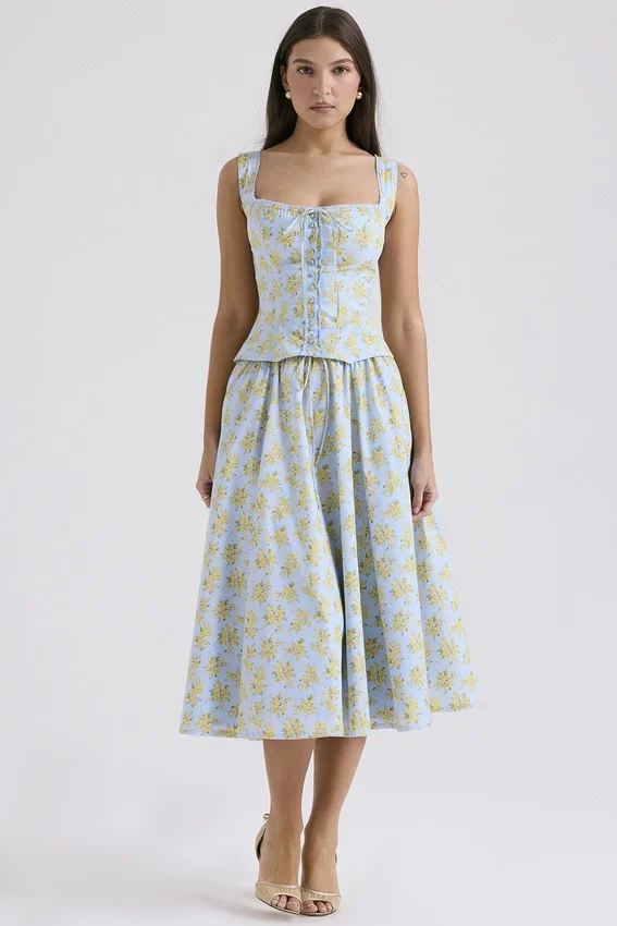 Cora Soft Blue Vintage Floral Print Cotton Midi Skirt