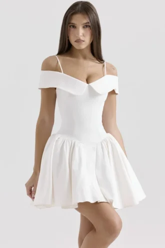 Elida White Twill Off Shoulder Mini Dress