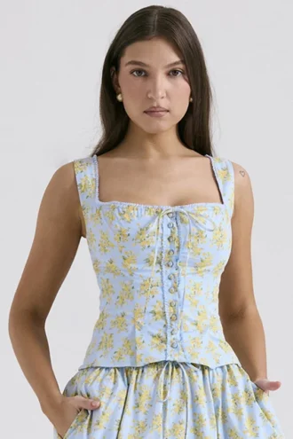 Juana Soft Blue Vintage Floral Print Cotton Top