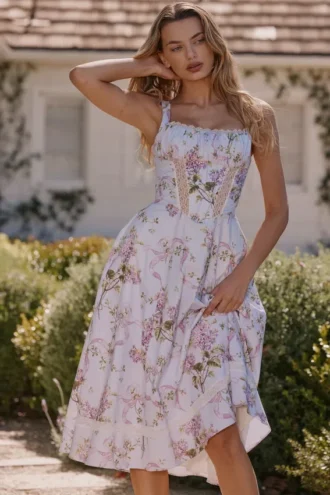 Kim Lilac Floral Cotton Midi Sundress