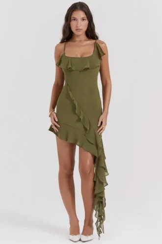 Marcia Olive Ruffle Mini Dress