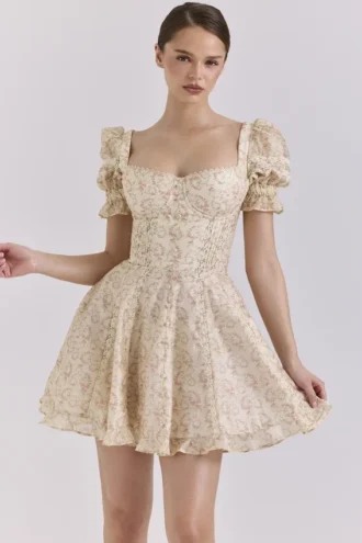 Melita Cream Floral Print Chiffon Puff Sleeve Mini Dress