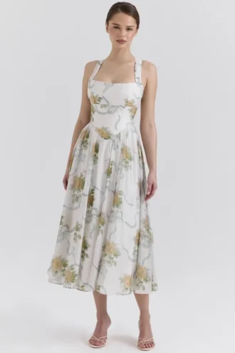 Minerva Soft Blue Vintage Ribbon Print Chiffon Midi Dress