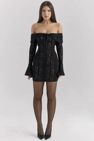 Sadie Black Floral Lace Off Shoulder Mini Dress