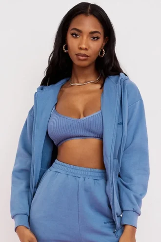 Storm Azure Cotton Fleece-Back Zip Through Hoodie